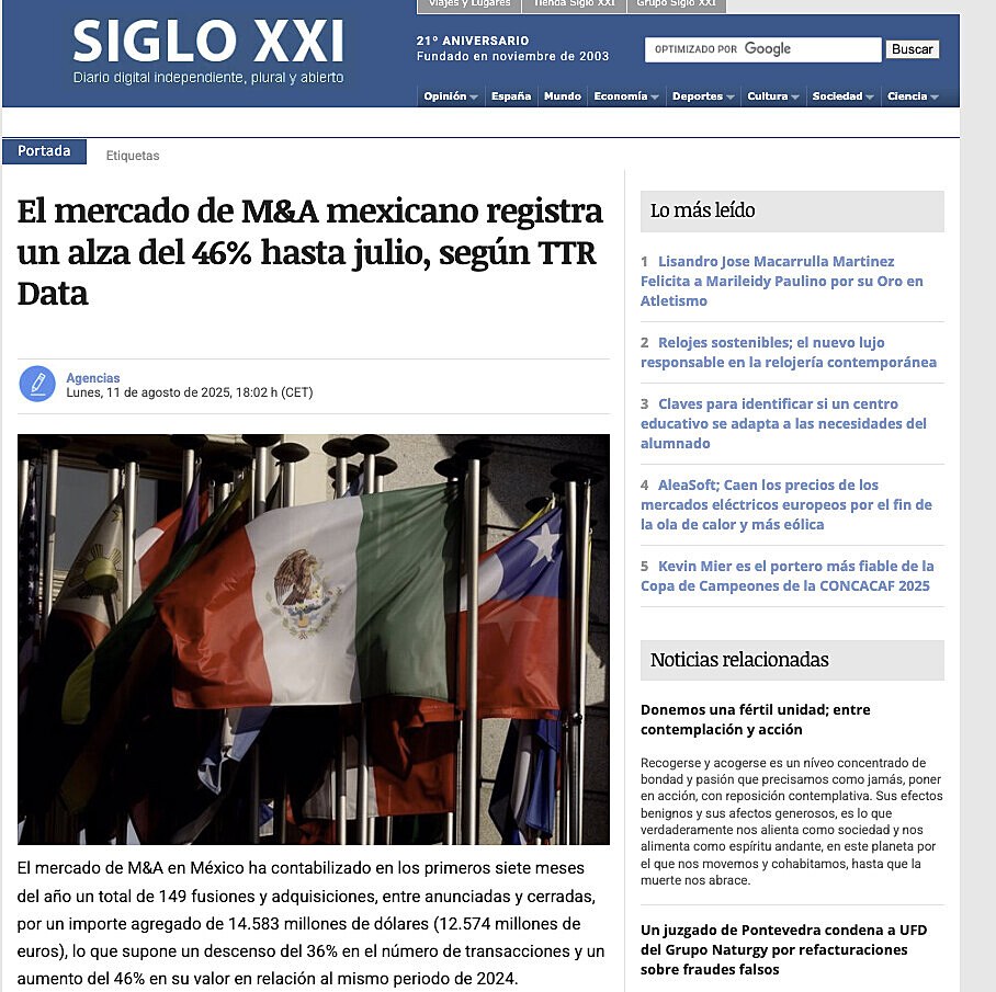 El mercado de M&A mexicano registra un alza del 46% hasta julio, segn TTR Data